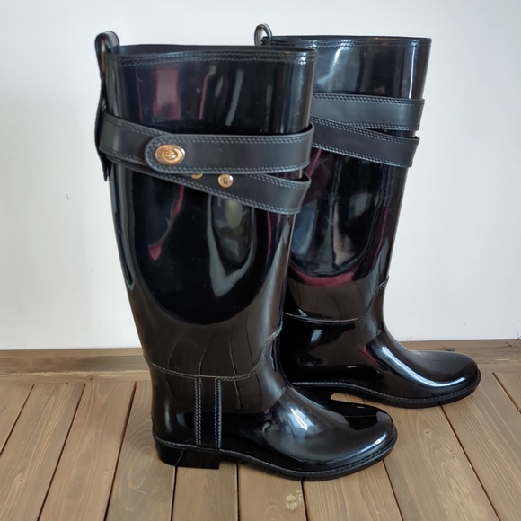 Coach Women’s Tall Shiny Black Rain Boots SZ 7 - Picture 2 of 15